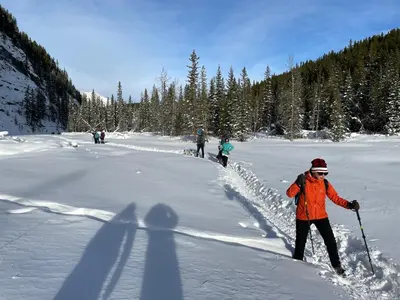 a group of people cross country skiing in the snow at Skyline Getaway - Mountain Views - Pool - Hot Tub in Canmore
