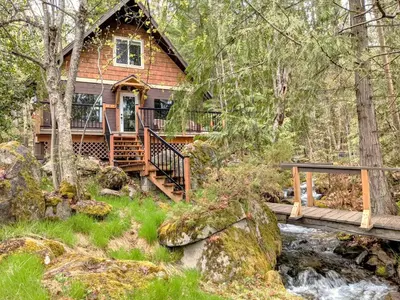 a house in the woods with a river in front of it at 4 Mile Creek Cabin (Creekside) in Nelson