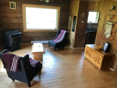 a living room with two chairs and a stove at Mini-Mooh cabin in Clearwater