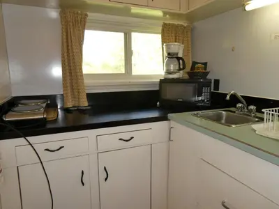 a kitchen with a sink and a microwave at Airport Inn in Quesnel