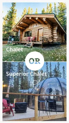 a collage of two pictures of a cabin at Rocky Mountain Escape Dome & Log Cabin Rentals - Rock Lake in Rock Lake Provincial Park