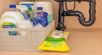 a basket of cleaning products sitting on a table next to a pipe at Skyline Escape - Mountain Views - Hot Tub - Pool in Canmore