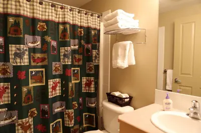 a bathroom with a christmas shower curtain and a toilet at Apartment 405 Bear Creek Crossing in Canmore