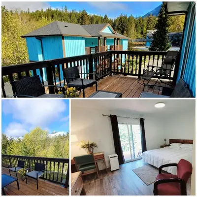 a collage of two pictures of a bedroom on a deck at Ridgeview Motor Inn in Gold River