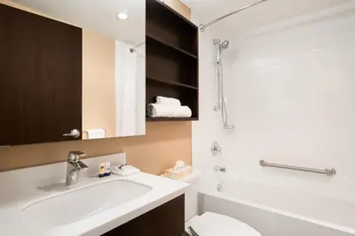 a bathroom with a white sink and a toilet at Microtel Inn & Suites by Wyndham Blackfalds in Blackfalds