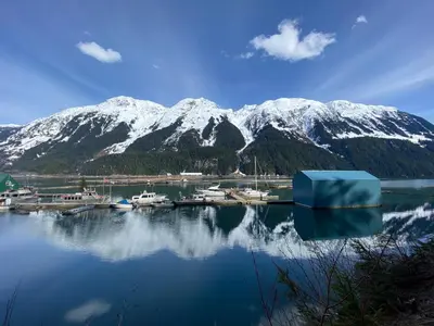 a view of a marina with snow covered mountains at The Cabin in Stewart