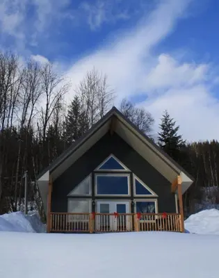 a small house in the snow with trees at Stoke Cabin by Revelstoke Vacations in Revelstoke