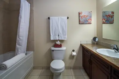 a bathroom with a toilet and a tub and a sink at Give Something Back Retreat by Revelstoke Vacations in Revelstoke