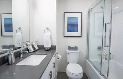 a white bathroom with a toilet and a shower at Alpine Escape by Revelstoke Vacations in Revelstoke