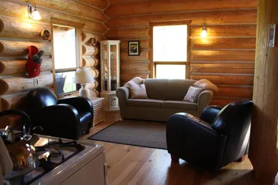 a living room with a couch and chairs in a log cabin at Bear Valley Highlands in Lumby