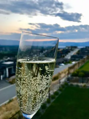 a glass of wine sitting on top of a hill at Kelowna new lake view 2bedrooms close BIG WHITE in Kelowna