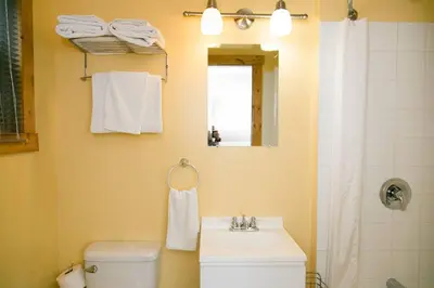 a bathroom with a sink and a toilet and a mirror at Lone Star Motel in Rossland
