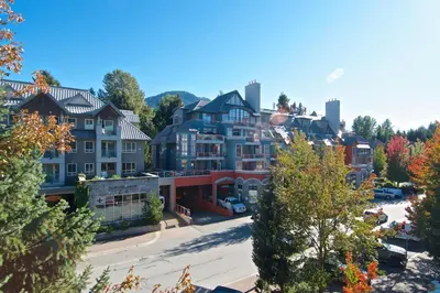 arial view of a town with houses and trees at The Après, Village Studio with Hot Tub and View in Whistler