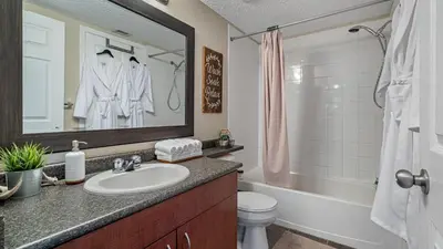 a bathroom with a sink and a toilet and a mirror at Cozy Mountain I Hot Tub & Pool I Close 2 Lake I TV in Invermere