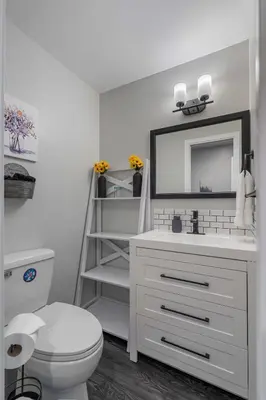 a bathroom with a toilet and a sink and a mirror at Prairie Oasis I Sleeps 16 l BBQ & Patio l Smart TV in Sylvan Lake