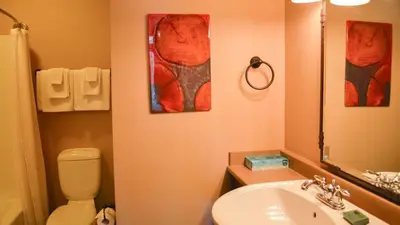 a bathroom with a toilet and a sink and a mirror at Stones Throw #24 in Sun Peaks