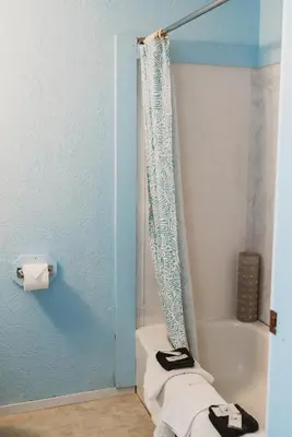 a bathroom with a shower curtain and a tub with towels at The Oceanfront Hotel in Sointula