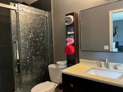a bathroom with a shower and a toilet and a sink at citadle hill house! in Calgary