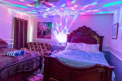 a bedroom with a bed with lights on the ceiling at B&B In Fraser Valley in Abbotsford