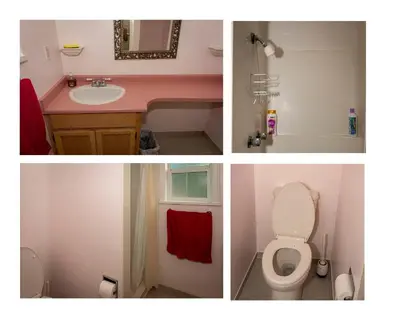 four pictures of a bathroom with a toilet and a sink at B&B In Fraser Valley in Abbotsford