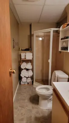 a bathroom with a toilet and a shower and towels at Charming - 2 bedrooms suite, 1 full bath & family room in Kamloops