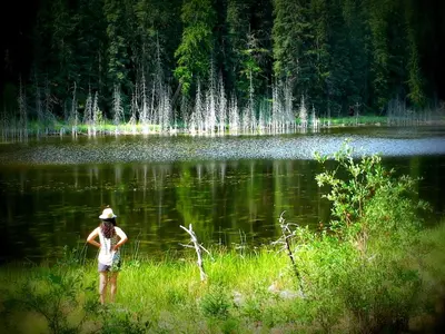 a woman standing in the grass near a lake at Romantic 1-Bedroom Serviced Apartment Kitchen & AC 143 in Canmore