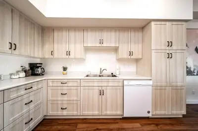 a kitchen with white cabinets and a sink at Exotic,LUSH,Rainforest,CR,Suite,King,U/G,Wifi in Edmonton