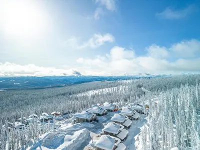 arial view of a ski resort in the snow at Grizzly Ridge Getaway - Private Hot Tub, Mtn View & Sleeps 11 in Big White