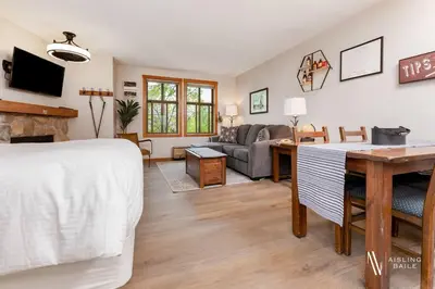 a bedroom with a bed and a desk and a couch at The Powder Nook, Hot Pools, Mile 1 Express Chair in Panorama