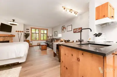 a kitchen and living room with a bed and a sink at The Powder Nook, Hot Pools, Mile 1 Express Chair in Panorama