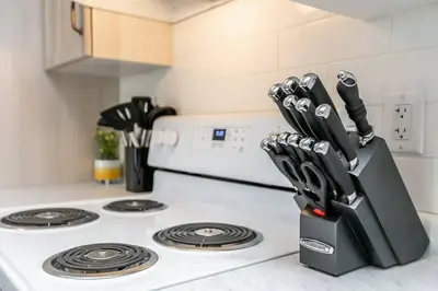 a kitchen counter with a knife block on a stove at Steamy Romantic Greek Corneer Suite King U/G Wifi in Edmonton