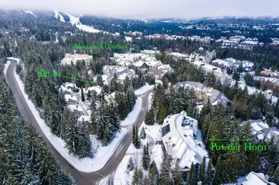 an aerial view of a ski resort in the snow at Powderhorn by Whistler Premier in Whistler