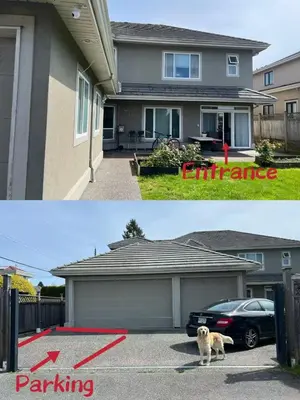 two pictures of a house with a garage and a dog at Lucky suite, two-bedroom suite with independent entrance in Richmond close to YVR in Richmond