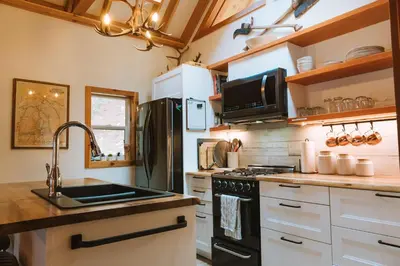 a kitchen with a black refrigerator and a sink at The Kootenay Lake House - A Private Luxury Retreat in Nakusp
