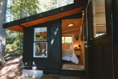 a black door of a tiny house in the woods at Kootenay Lakeview Retreats - Forest Cabin in Nakusp
