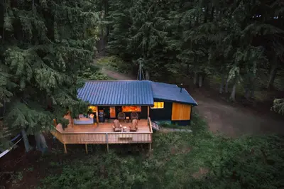 an aerial view of a house with a deck at Kootenay Lakeview Retreats - Forest Cabin in Nakusp