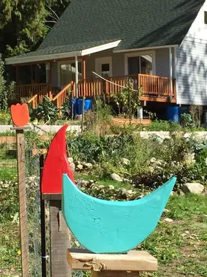 a garden with a boat in front of a house at Cozy ,artistic cottage in a garden setting close to the beach and hiking trails. in Powell River