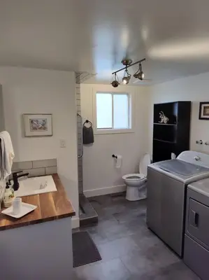 a bathroom with a sink and a toilet at Tranquil & Tasteful One Bdrm Private Suite NE in Edmonton
