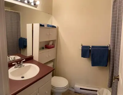 a bathroom with a sink and a toilet and blue towels at Lovely 2 bedroom condo, 2 minute walk fr downtown in Invermere