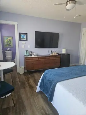 a bedroom with a bed and a flat screen tv at Global Village Permaculture BnB in Oliver