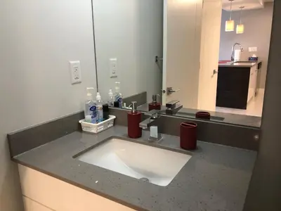 a bathroom with a sink and a large mirror at Amicable, Cozy, High Speed Internet, Sleeps 2 Riverview Downtown Apartment in Calgary