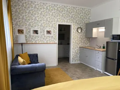 a kitchen with a blue couch in a small room at Battle Creek Ranch, Wells Gray Park in Clearwater