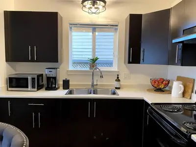a kitchen with a sink and a microwave at Cozy Lakeview Suite in Victoria