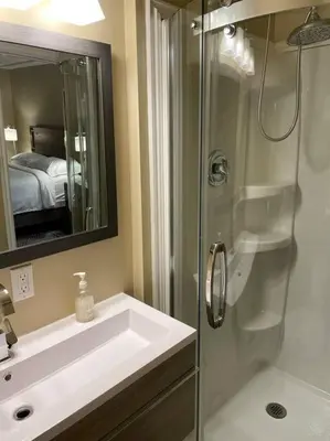 a bathroom with a sink and a shower and a mirror at Cozy Furnished Apartment in Simpson