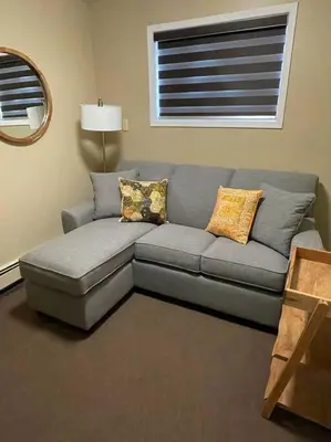 a gray couch in a living room with a mirror at Cozy Furnished Apartment in Simpson