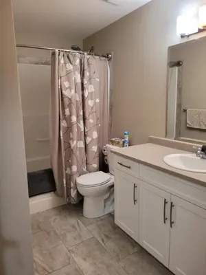 a bathroom with a toilet and a sink and a shower at Lakeview B&B in Peachland