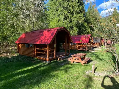 a log cabin with a picnic table in the grass at Revelstoke RV & Cabin Resort in Revelstoke
