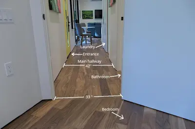 a hallway with a floor plan of a room at The Shed at Moon Dance in Madeira Park