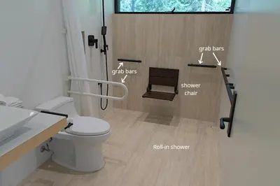 a bathroom with a toilet and a diagram of a room at The Shed at Moon Dance in Madeira Park