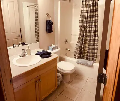 a bathroom with a sink and a toilet and a shower at Wanna get away in the Rocky Mountains in Canmore